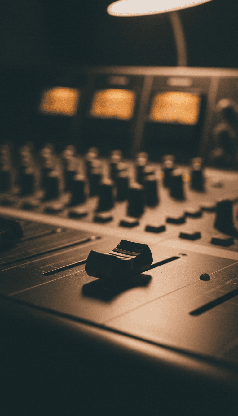 Close-up of a mixing console fader with warm studio lighting