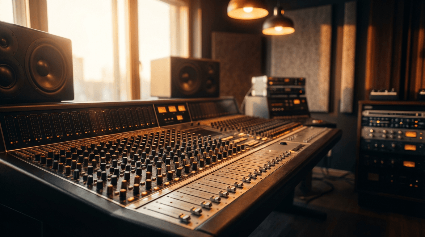 Professional recording studio interior with microphone, mixing console, and acoustic treatment